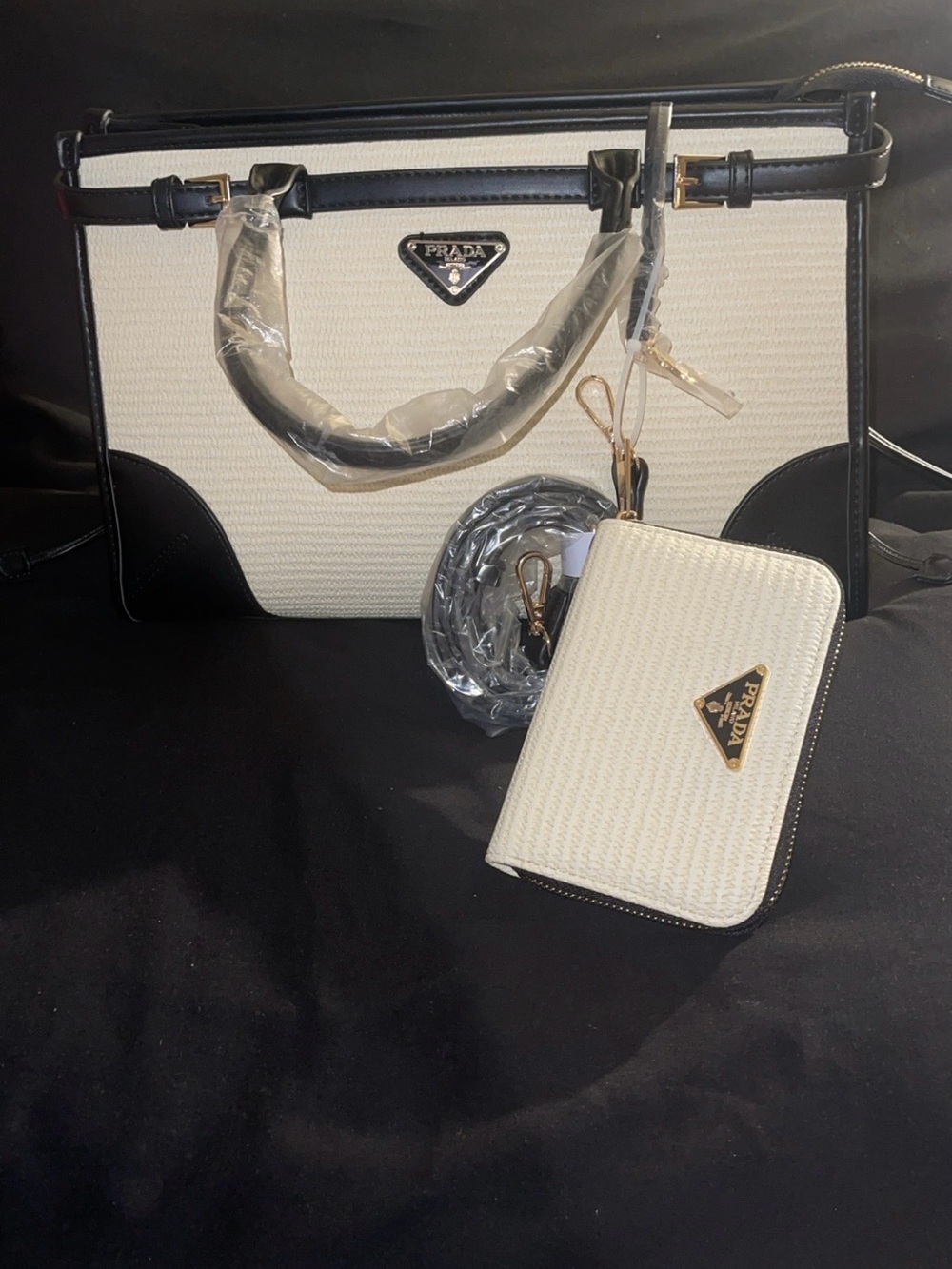 Cream and Black Woven Satchel with Matching Zip Pouch